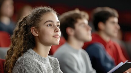 Fototapeta premium Academic Exchange, students hosting presentations for peers, auditorium background, dramatic lighting, expressions of interest and curiosity