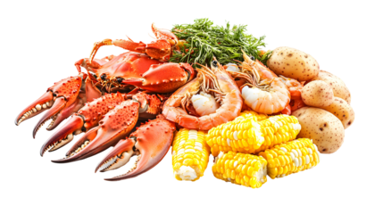 Delicious Seafood Platter with Fresh Shrimp, Crab, Corn, and Potatoes for a Perfect Feast. isolated white