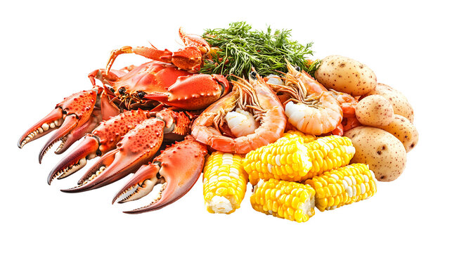 Delicious Seafood Platter with Fresh Shrimp, Crab, Corn, and Potatoes for a Perfect Feast. isolated white