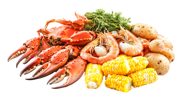Delicious Seafood Platter with Fresh Shrimp, Crab, Corn, and Potatoes for a Perfect Feast. isolated white
