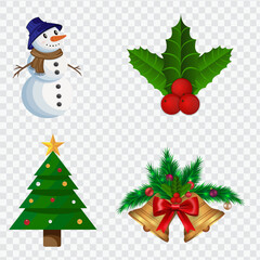 Christmas Elements Clipart. Christmas Collage Featuring Snowman, Holly Sprig, Decorated Tree, and Golden Bells