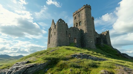 Medieval Castle Ruin on Top of a Hill with Green Grass