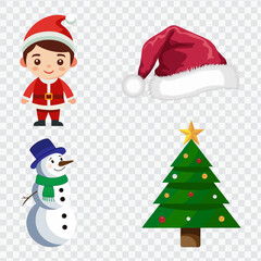 set of christmas icons. Christmas Tree with Ornaments and Lights. Christmas Scene Featuring Santa Claus, Santa Hat, Snowman with Blue Hat, Green Scarf, and Decorated Tree with Star Topper