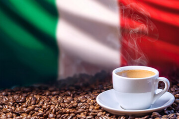 A white cup of espresso coffee with smoke and roasted coffee beans on wooden ground with Italy flag background. Concepts for coffee business, coffee shops and drinking coffee in Europe.