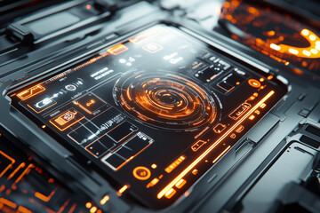 Obraz premium future technology and ai holographic screen, sci-fi concept graphic design