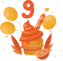 Happy birthday cupcake with orange and balloons