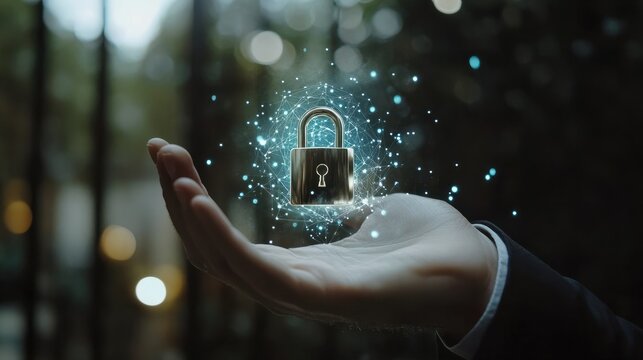 Cyber security and data protection. Businessman holding padlock protecting business and financial data with virtual network connection. Innovation technology develop smart solution from digital attac