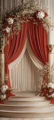 A sophisticated podium design with red and gold drapery and delicate floral accents, offering plenty of space in front for displaying a product.