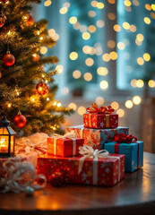 Close view of a table with gifts beside a Christmas tree.