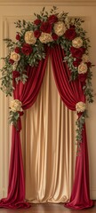 A sophisticated podium design with red and gold drapery and delicate floral accents, offering plenty of space in front for displaying a product.