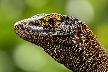 Fototapeta premium Close-up of a textured lizard with vibrant patterns against a blurred background.