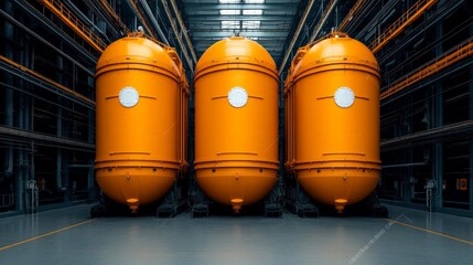 Nuclear Fuel Storage: Three large orange containers of nuclear fuel stand in a modern industrial facility.  The image evokes a sense of power and precision.
