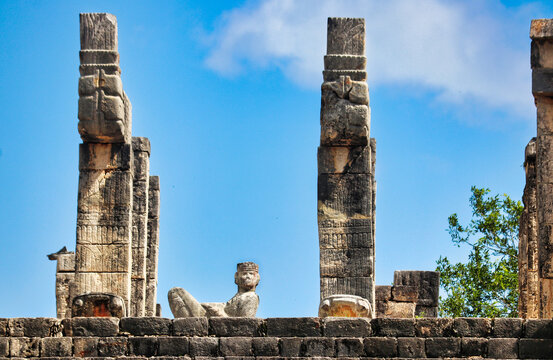 Chac Mool statue-Mesoamerican sculpture,a reclining figure with head turned to 90 degrees representing a slain warrior to the rain god on top of the Temple of Warriors at Chichen Itza,Yucatan,Mexico