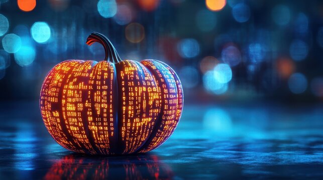 Digital Halloween Pumpkin With Binary Code on a Blue Festive Bokeh Background. Festive Illustration.