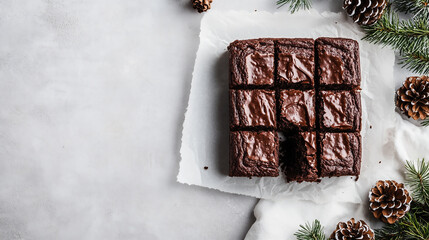 Spiced Brownies: a classic and delicious chocolate cake that's perfect for Christmas. It features dark brown frosting on top with a slice taken out to reveal its rich texture inside. The background is