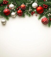 Naklejka premium Festive Christmas Decoration with Red and Silver Ornaments on Evergreen Pine Branches Against a Light Beige Background for Holiday Celebrations