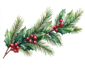 Lush Green Holly and Pine Branch with Bright Red Berries on a Bright White Background for Holiday Decor, Seasonal Greetings, and Winter Celebrations