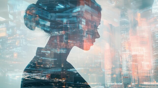 Double Exposure Image of Business Person on modern city background. Future business and communication technology concept. Surreal futuristic cityscape and abstract multiple exposure interface. uds