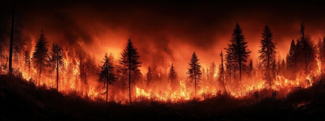 Fiery inferno consuming a dense forest at night, silhouetted trees against a blazing orange sky.  Dramatic wildfire scene.