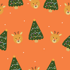 Seamless pattern of winter cartoon deer and cute christmas trees and festive Christmas wallpaper for textile gift wrapping paper