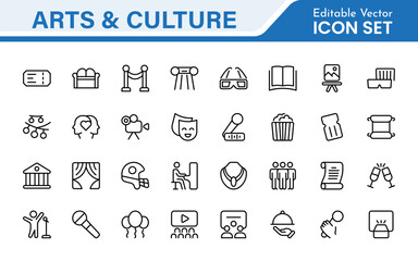 Arts and Culture Icon Set. High-quality icons for Museums, Music, Dance, Theater, Festivals, artistic Expression, Traditions, History, Crafts, and Creative Activities