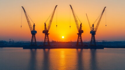 Obraz premium Sunrise Harbor: A silhouette of industrial cranes against a vibrant sunrise over a calm harbor, evoking a sense of industriousness, growth, and the promise of a new day. 