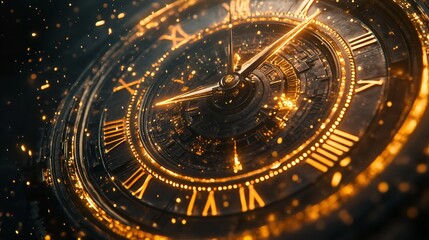 Close-up of an intricate, antique clock face with Roman numerals and exposed gears.