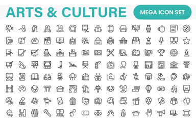 Arts and Culture Icon Set. High-quality icons for Museums, Music, Dance, Theater, Festivals, artistic Expression, Traditions, History, Crafts, and Creative Activities