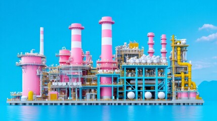 Obraz premium Coastal Refinery: A vibrant and stylized 3D rendering of an offshore petroleum refinery, showcasing a futuristic design with pastel pink and blue towers against a clear blue sky.