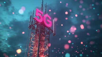 Futuristic 5G Network Tower Enhancing Urban Communication Infrastructure with Digital Connectivity Streams