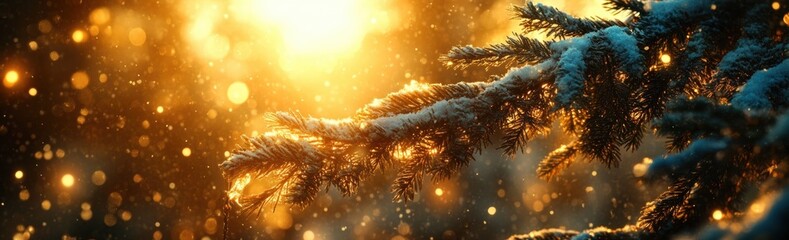 Glowing Forest Scene with Snowy Pine Branches and Soft Sunlight Creating Magical Bokeh Effect Amidst Falling Snowflakes and Warm Atmospheric Light