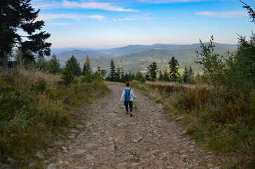 Obraz premium tourist on the trail from Korbielów to Pilsko in the Beskid Mountains