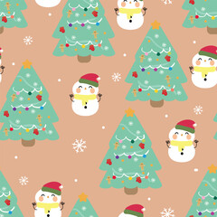 Seamless pattern cartoon snowman with christmas tree. cute christmas and winter wallpaper for fabric print, gift wrap paper