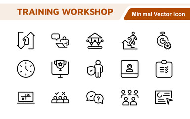 Set of Workshop and Coaching line icons. Outline icon collection related to training, coaching, mentoring, education, meetings, conferences, and teamwork.