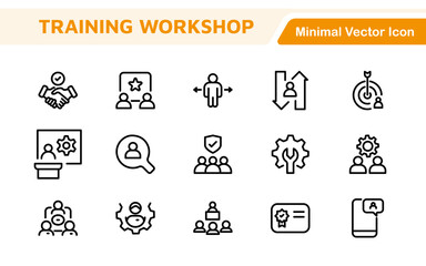 Set of Workshop and Coaching line icons. Outline icon collection related to training, coaching, mentoring, education, meetings, conferences, and teamwork.
