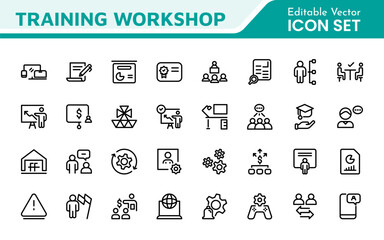 Set of Workshop and Coaching line icons. Outline icon collection related to training, coaching, mentoring, education, meetings, conferences, and teamwork.