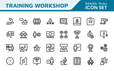 Set of Workshop and Coaching line icons. Outline icon collection related to training, coaching, mentoring, education, meetings, conferences, and teamwork.