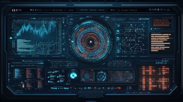 Futuristic digital dashboard with abstract coding patterns and data analytics visualization. Representation of advanced technology digital transformation and innovation in the information age