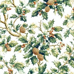 Fotobehang Festive Holly and Pine Cone Pattern Design for Elegant Holiday Decor, Wrapping Paper, and Seasonal Crafts with Rich Greenery and Vibrant Red Berries © OnuTH