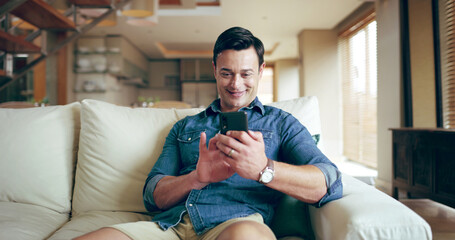 Sofa, man and happy with smartphone for chat, conversation and text message with contact at home. House, male person and relax with mobile app for dating website, online partner and profile match