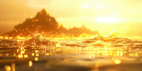 A beautiful ocean scene with a mountain in the background