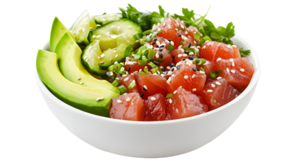 Vibrant Bowl of Fresh Poke with Avocado, Cucumber, and Tuna Garnished with Sesame Seeds