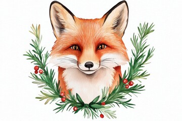 Obraz premium A charming illustration of a fox's face adorned with festive greenery and berries, perfect for holiday themes and nature-inspired art.