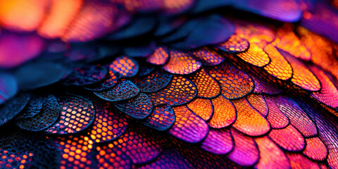 A colorful feather pattern with a mix of blue, orange, and purple colors