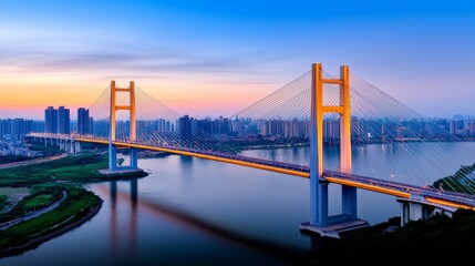 Fototapeta premium Golden Bridge at Sunset: A majestic suspension bridge illuminated by the setting sun, casting long shadows over the river below, a testament to engineering prowess and modern urban development. 
