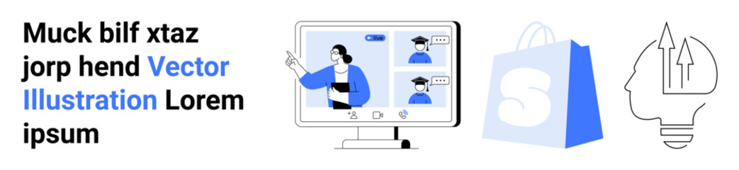 A monitor with video call elements, a shopping bag with an S, and a head silhouette with arrows. Ideal for online communication, e-commerce, digital marketing, virtual meetings, innovation. Landing