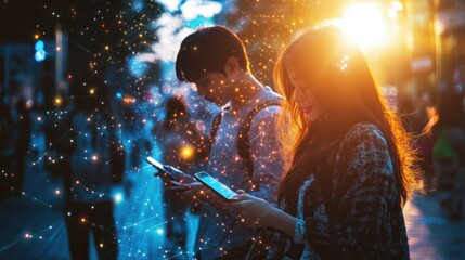 Graphic visualization of data exchanged by man and woman using smart phones outdoors