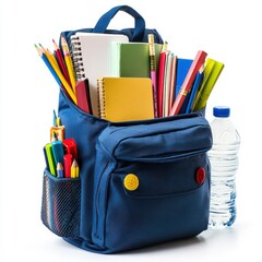 A blue backpack filled with school supplies and a water bottle.