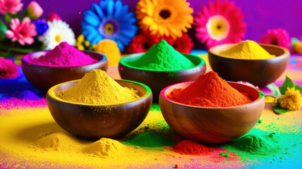 A colorful bowl of powder is on a table with flowers