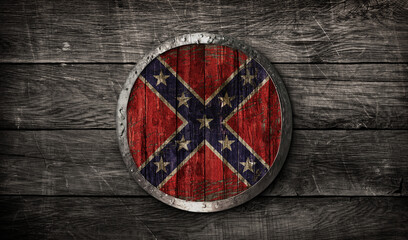 Medieval round wooden shield with silver hand forged brim and red and blue rebel confederate...
